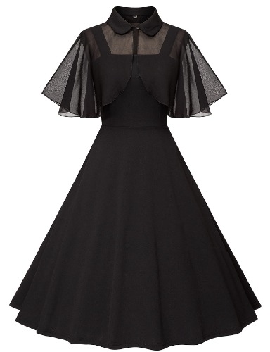 Vintage Goth Swing Cocktail Dress with Pockets and Chiffon Shawl