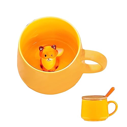BigNoseDeer Fox Cute Mugs Ceramic Coffee Mug with 3D Fox Inside Kawaii Coffee Cups with Lid and Spoon Cute Stuff and Cute Things for Gifts Birthday Gifts Cute Gifts for Women 13.5oz - Fox