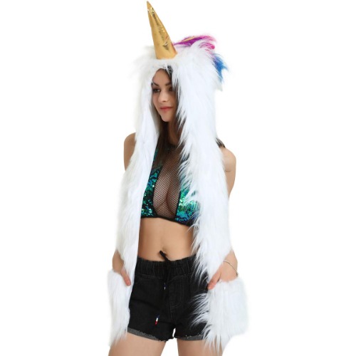 Silly Unicorn Hat for Women Animal Hood Scarf Mittens Novelty Faux Fur Hoodie Dresses Unicorn White Rave Hat (White Unicorn) - 