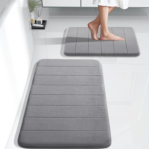 Yimobra Memory Foam Bath Mat Set, Non Slip Super Water Absorption Soft Bathroom Rugs, Thick, Dry Fast, Machine Washable for Bathroom Floor Mat, 17x24+31.5x19.8 Inches, Gray - Grey - 31.5 x 19.8 + 24 x 17 Inch