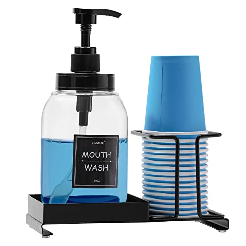 Summark Mouthwash Dispenser for Bathroom,Mouth Wash Pump Bottle with Stainless Steel Cup Holder,24 OZ Refillable Clear Mouthwash Container,BPA Free,Black - Black
