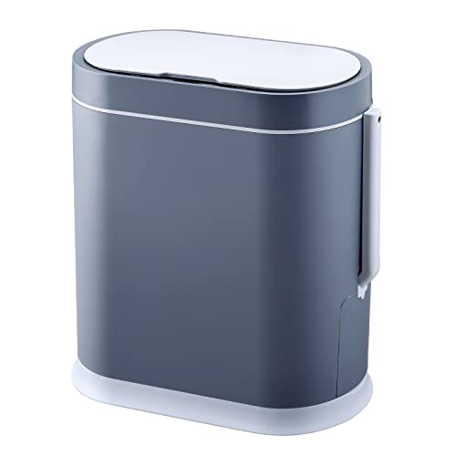 Bathroom Slim Plastic Trash Can with Toilet Brush-ELPHECO-2.5 Gallon Waterproof Smart Garbage can with lid Motion Sensor Waste Bin Automatic Garbage Bin for Bathroom(Grey) - 2.5 Gallon with Toilet Brush - Gray