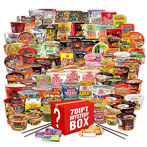7DIPT Mystery Asian Instant CUP Ramen Variety Bundle w/ Fortune Cookie & Chopsticks - (12 Pack Assorted, minimum of 6 or more different cups) - Cups and Bowls (12 pack)