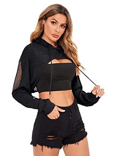 Verdusa Women's Sheer Fishnet Drop Shoulder Drawstring Hoodie Crop Sweatshirt - Medium - Black