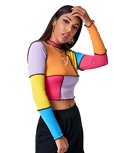 SweatyRocks Women's Color Block Ribbed Knit Slim Fitted Long Sleeve Crop Tee Shirt Top - Small - Orange Purple Yellow
