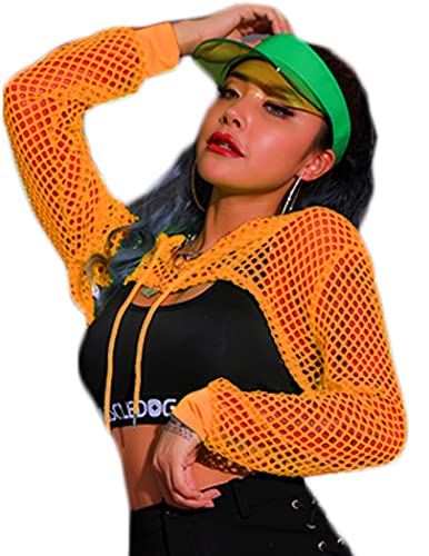 Avidlove Mesh Crop Top Hoodie Rave Tops For Women Long Sleeve Fishnet Shirt for Festival Club Party - Small - Orange
