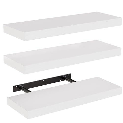 AMADA HOMEFURNISHING Floating Shelves, Wall Shelves for Bathroom/Living Room/Bedroom/Kitchen Decor, White Shelves with Invisible Brackets Set of 3 - AMFS08 - White - 15 Inches - 3 Sets