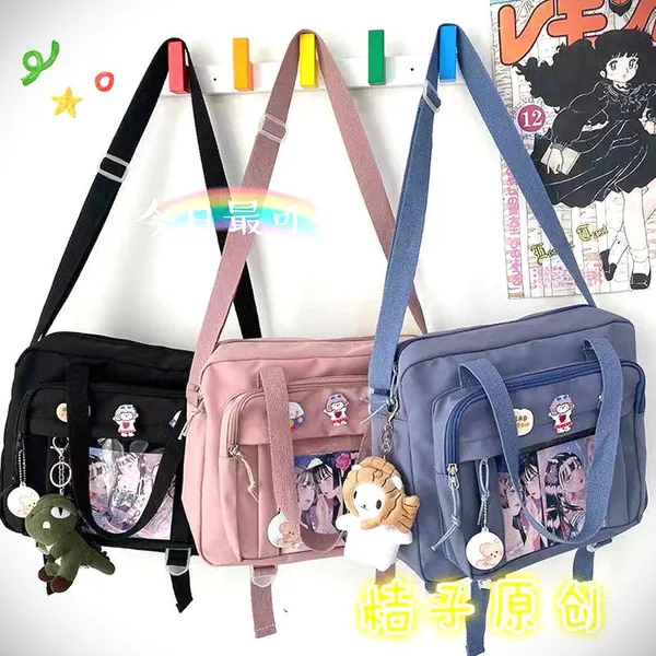 Cute Japanese ITA Bag Satchel Shoulder Bag With Pins Cards Pendant Harajuku School Backpack Kawaii Messenger Bag Nylon Crossbody Bag