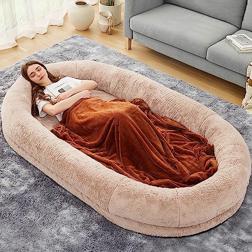 DOGKE Extra Large Human Dog Bed, 260GSM Luxury Fur Human Size Dog Bed for People,Waterproof Washable Giant Human Dog Bed for People Adults and Pets, Present Soft Blanket (84"x48"x10",Khaki) - X-Large - Khaki