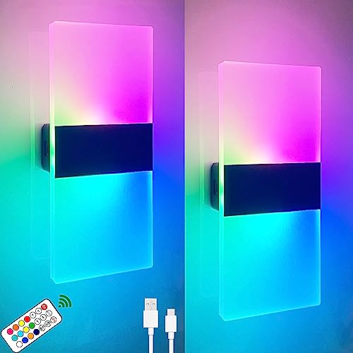 Aozhate 2 Pack Wireless Battery Operated RGB Wall Sconce, Dimming LED Modern Wall Light with Remote Control, Dreamcolor Ambient Gaming Lights Night Light, for Indoor Living Room Bedroom Hallway - RGB wall light with remote control