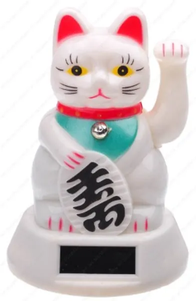 M.V. Trading Japanese Maneki Neko Fortune Cat Lucky Cat White Battery Operated Also Solar Powered with Waving Arm, 5-Inches
