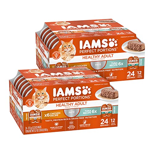 IAMS Perfect Portions Healthy Adult Wet Cat Food with Chicken and Tuna Recipe Variety Pack, Easy Peel Twin-Pack Trays, Pack of 24 (48 Total Servings)