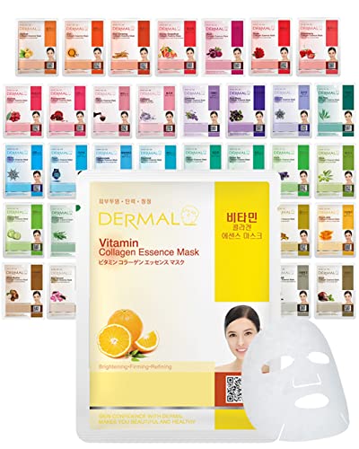 DERMAL 39 Combo Pack A Collagen Essence Korean Face Mask - Hydrating & Soothing Facial Mask with Panthenol - Hypoallergenic Self Care Sheet Mask for All Skin Types - Natural Home Spa Treatment Masks - 39 Pack