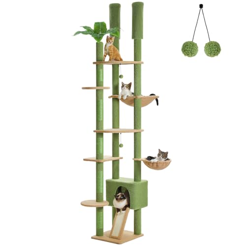 PEQULTI Tall Cat Tree, Floor to Ceiling Cat Tree Tower Adjustable [90.5''~100.4''=230~252CM] with Cat Condo, Cat Hammock and Scratching Post, Cat Climbing Tree for Indoor Large Cats, Green - Triple Posts - Large Green