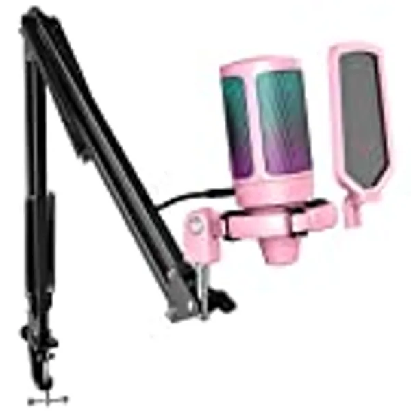 FIFINE Gaming USB Microphone Kit, PC Streaming Recording Computer RGB Microphone Set for Podcasting, Singing, YouTube, Condenser Cardioid Mic with Quick Mute, Gain Knob-A6T Pink