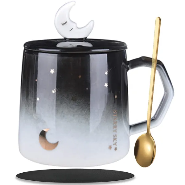 Arawat Kawaii Cups Cute Coffee Mug with Lid and Spoon 400ml Kawaii Moon Star Mug Kawaii Ceramic Tea Coffee Cup for Chocolate Milk Latte Cappuccino Funny 14oz 3D Coffee Mug Gifts for Women Girls Kids - Moon Coffee Mugs