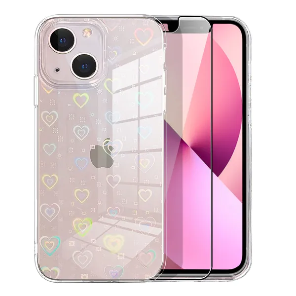 MZELQ Compatible with iPhone 13 Case (2021) 6.1 inch Laser Bling Glitter Rainbow Heart Phone Case + Screen Protector, Cute Pattern Designed for iPhone 13 Case Girls Women - iPhone 13
