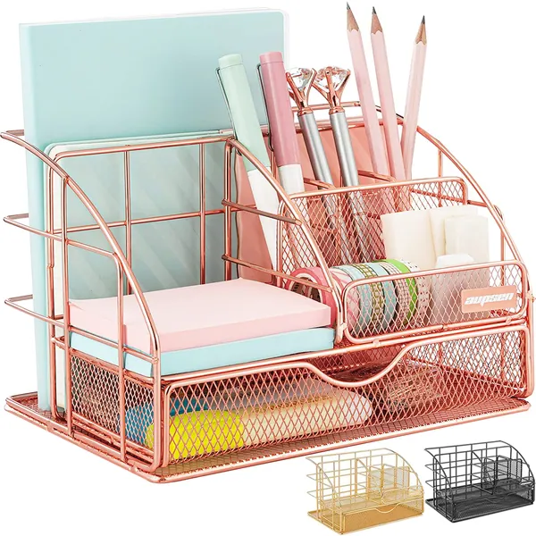 AUPSEN Desk Organizers and Accessories - Upgraded Desktop Organizer for Woman, Features 6 Compartments + 1 Large Sliding Drawer (Rose Gold) - Rose Gold