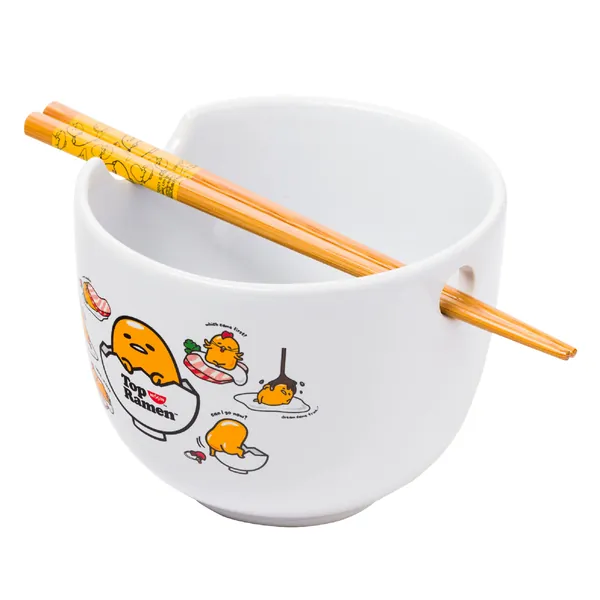 Silver Buffalo Gudetama Top Ramen Poses Ceramic Nissin Top Ramen Noodle Bowl with Chopsticks, 20oz - Gudetama Top Ramen
