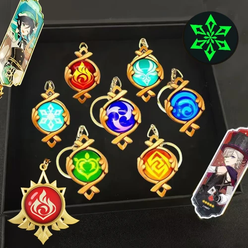 Genshin Impact Anime Game Keychain Fontaine 8Elements Vision Luminous Metal Keyring for Women Men Car Handbag Phone Vase Pendant