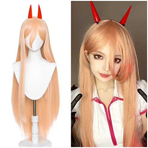 Uniquebe Power Wig Long Straight Anime Orange Cosplay Wigs with Horn Hairpins, Women Girls Heat Synthetic Hair + Wig Cap Cos Prop Accessory for Halloween Costume Party (39 Inch) - Orange