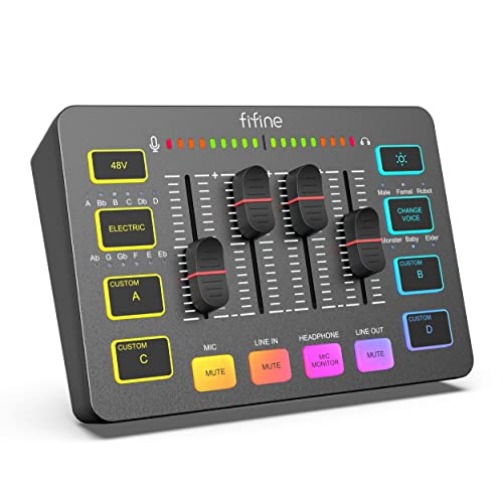 FIFINE Gaming Audio Mixer for Streaming, RGB PC Audio Interface, DJ Mixer with XLR Microphone Interface Volume Fader Individual Channel Design, Customized Soundboard for Podcast, Recording, Vocal-SC3 - Black