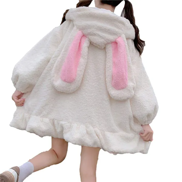 BZB Kawaii Anime Bunny Ear Hoodies For Women Sweet Lovely Fuzzy Fluffy Rabbit Sweater Tops Cosplay Jacket Coats - White Medium