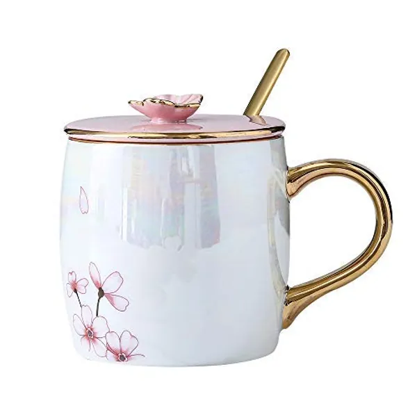 KEYIGOU 13.5oz Cherry Blossom Ceramic Mugs with Lid Gold Spoon Pretty Tea Cup Coffee Mug Gifts for Women Mom Lovers Friends