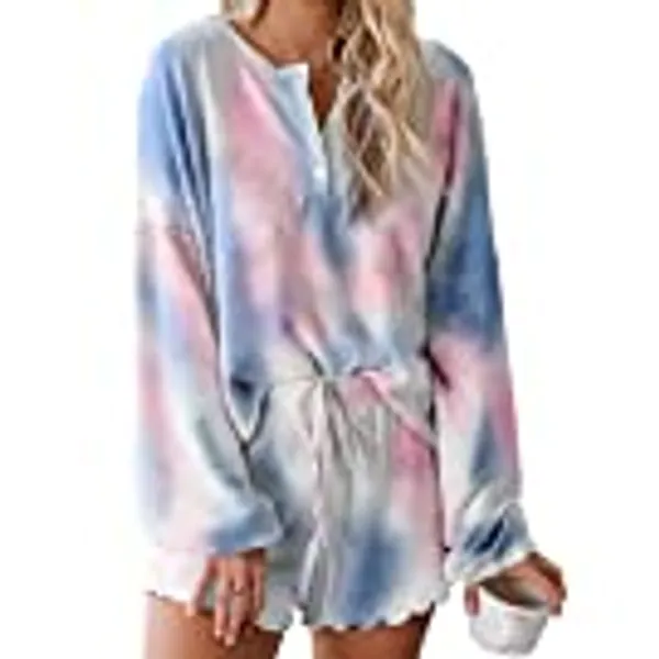 Asvivid Womens Tie Dye Printed Ruffle Short Lounge Set Long Sleeve Tops and Shorts 2 Piece Pajamas Set Sleepwear