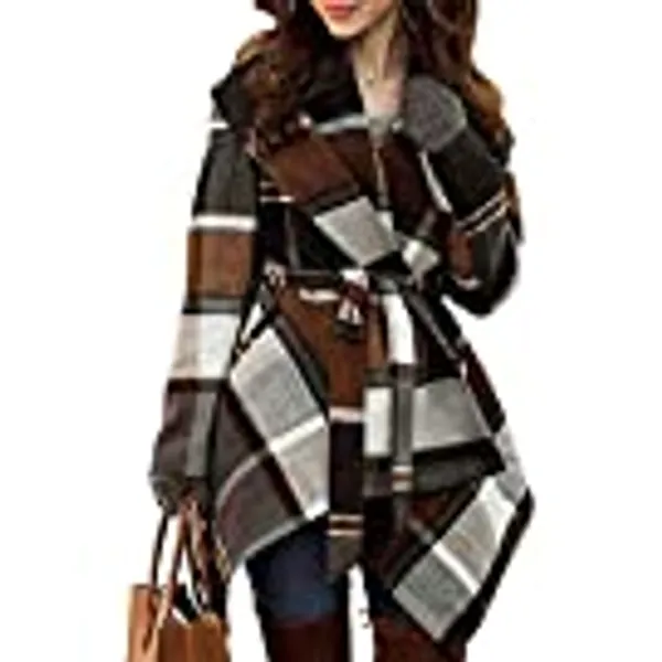 CHICWISH Women's Turn Down Shawl Collar Earth Tone Check/Black White Grid/Black/Plum Wool Blend Coat