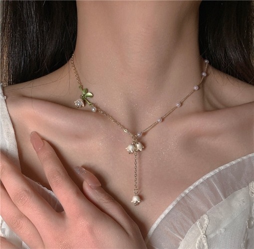 Lily of The Valley Pearl Necklace Set | Tassel Lily Necklace