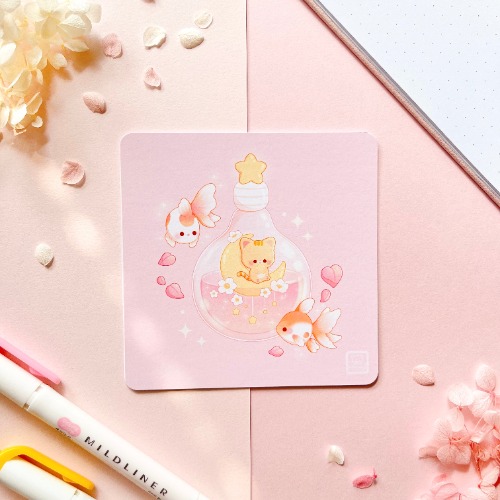 Aesthetic Floral Goldfish and Kitty Art Print | 4 x 4