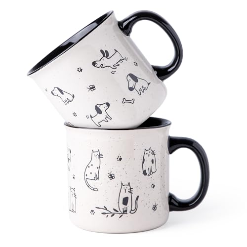 AmorArc 22 OZ Large Ceramic Coffee Mugs Set of 2, Oversized Mugs With Big Handle for Men Women Dad Mom, Big Mug With Textured Dogs Cats Patterns for Office & Home -Microwave Safe, 2 Pcs-Black - Black