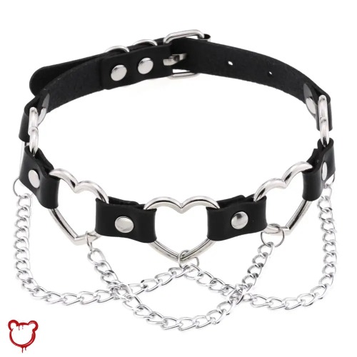 'Faux Leather Heart Chain Choker' - black