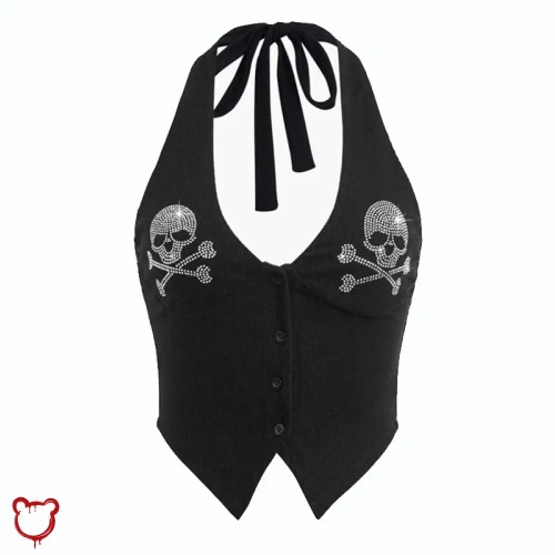 Black Rhinestone Skull Crop Top - black / L