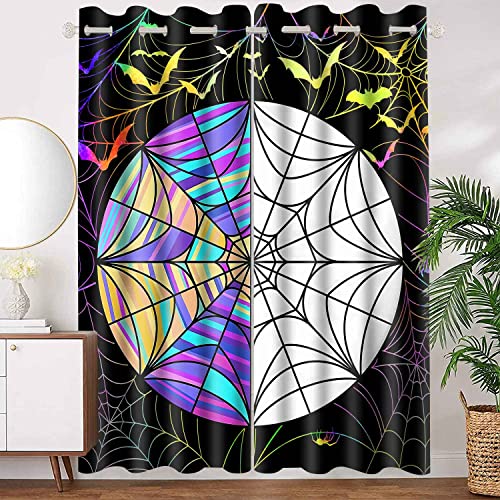 MIZSYE Wednesday Dorm Window Blackout Curtain Stained Glass Windows Geometric Prints Window Drapes Funny Bats Spider Web Room Darkening Window Treatments for Bedroom Living Room Dorm 2 Panel 42x84inch - 42x84