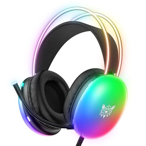 ONITOON Gaming Headsets with Microphone, PC Wired RGB Rainbow Gaming Headphones for PS4/PS5/MAC/XBOX/Laptop, Lightweight 3.5mm Audio Over Ear Headphone, Stereo Surround, Auto-Adjust Headband, Black