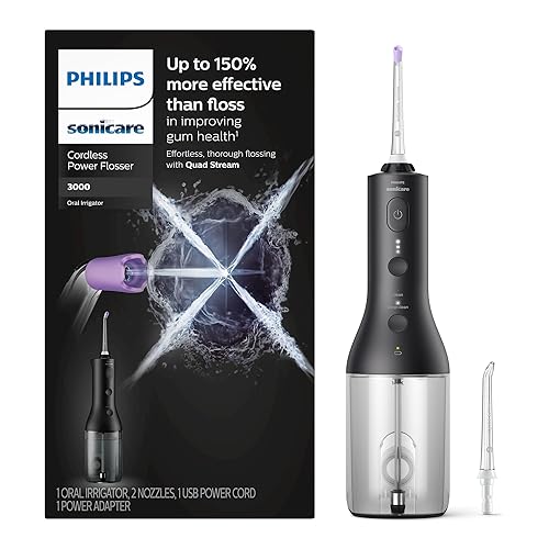 Philips Sonicare Cordless Power Flosser 3000, Water Flosser with Innovative Quad Stream Technology, Oral Irrigator with 2 Flossing Modes and 3 Intensity Levels, Ergonomic Design, Black, HX3826/23 - 1 Count (Pack of 1) - New Black