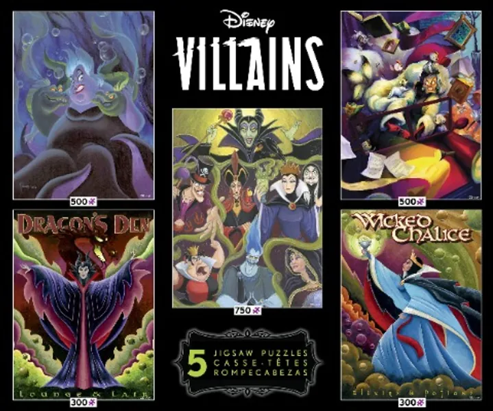 Ceaco - Disney/Pixar 5 in 1 Multipack Jigsaw Puzzle Sets, Disney Villains - Cruella Deville, Ursula, Maleficent Dragon's Den, Snow White Wicked Chalace, Disney Evil Villains Portrait