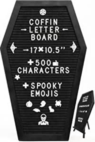 Nomnu Black Felt Coffin Letter Board - Gothic Decor Message Board With Spooky Emojis - Horror, Gothic, Spooky Gifts - 17x10.5 Inches, 500 White Characters. Creepy Halloween Decor Letterboard - Black