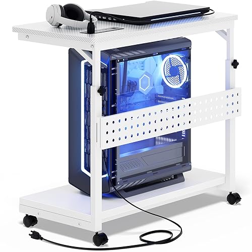 Besiost Height Adjustable PC Tower Cart with Wheels and Power Strips, Mobile Rolling CPU Holder, Side Stand for Computer Desk, 24" Carbon Fiber White - Carbon Fiber White - 24"