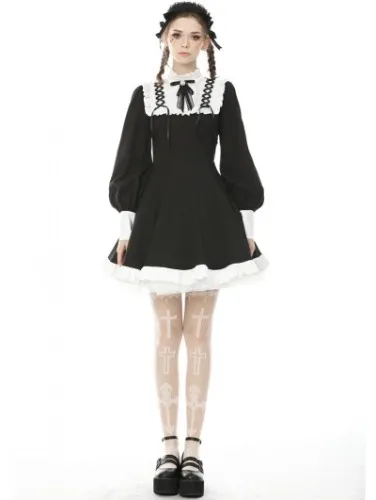 Dark in Love Black and White Sweet Gothic Rebel Doll Long Lantern Sleeve Short Dress - DarkinCloset.com