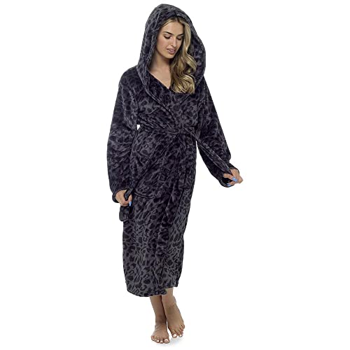 Womens Ladies Teddy Fleece Lined Dressing Gown Hooded Leopard Print Fluffy Snuggle Soft Plush Warm Robe - 8-10 - Black Panther