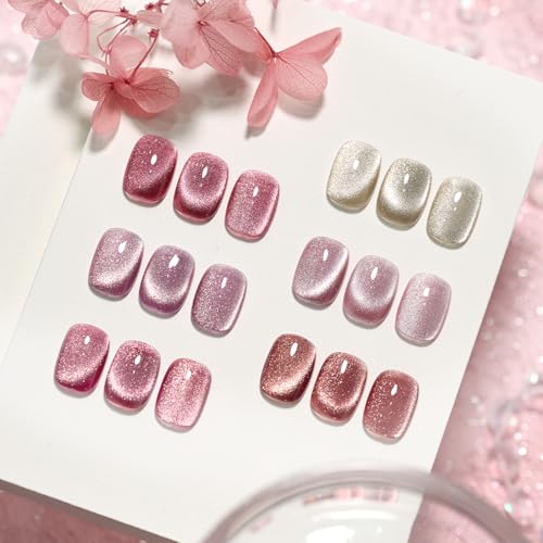 GAOY Glitter Cat Eye Gel Nail Polish Set with Magnet Pink Galaxy for Holographic Cat Eye, Salon Gel Manicure and Nail Art DIY at Home - Full of Stars