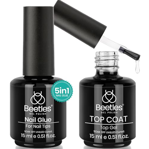beetles Gel Polish 5 in 1 Nail Glue and No Wipe Top Coat Kit 2PCS 15ML for Gel Nails Easy Nail Extension Gel, Soak Off LED Gel Shine Finish and Long Lasting - 0-0-0-Nail Glue and Top Coat