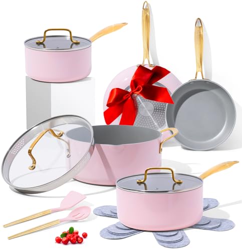 Styled Settings Pink Pots and Pans Set Nonstick - 15 PC Luxe Gold and Pink Cookware Set - Induction Compatible, 100% PFOA Free Cookware Set & Pink and Gold Kitchen Utensils- Pink Kitchen Accessories - 15 Piece Pots and Pans Set - Pink and Gold