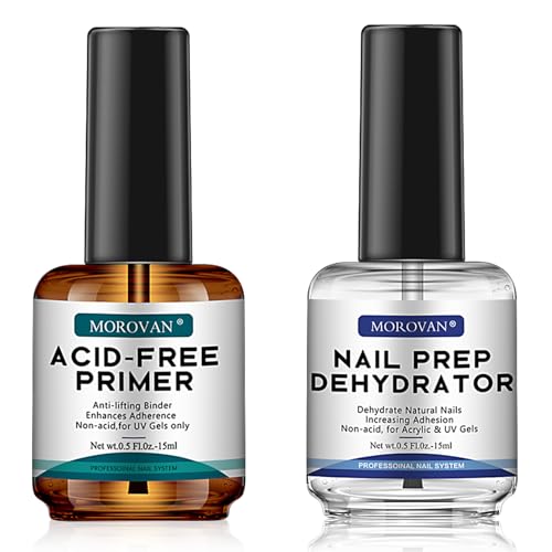 Morovan Professional Natural Nail Prep Dehydrate and Acid-Free Primer, Dehydrator for Acrylic and Gel Nail Polish, Non Acid Primer for UV Gels Fast Dry Superior Bonding Agent Gift Box Set - Acid-Free Primer Set