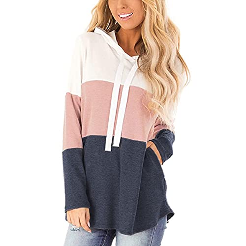 Yusongirl Color Block Hoodies for Women Drawstring Pullover Hoodie Hooded Sweatshirt Womens Long Sleeves Loose Tops Pockets - Pink - Medium