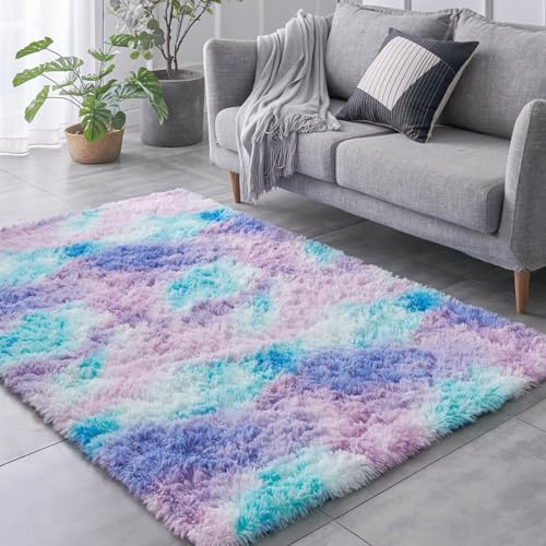 BRICHOEE Shag Area Rug, 5x7 Ft Tie Dyed Light Purple Upgrade Anti-Skid Durable Rectangular Cozy Rug, High Pile Soft Throw Rug for Nursery Room Living Room - 5'X7' - T-light Purple