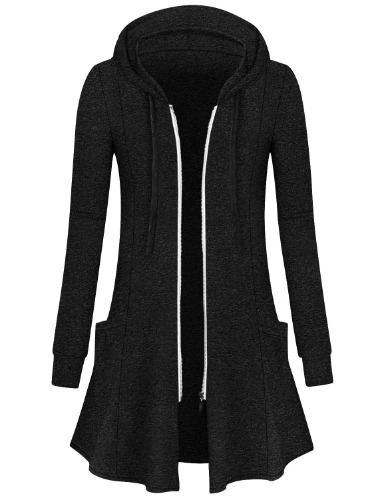 Cucuchy Womens Long Hoodies Casual Zip Up Tunic Sweatshirt Open Front Cardigan - Medium Black